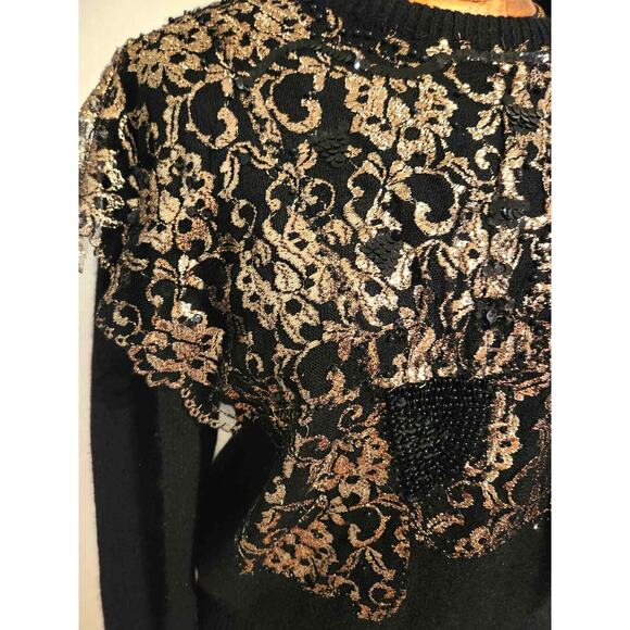 Vintage I.B. Diffusion Black Pullover Silk Blend Knit Sweater Gold Lace Beads L - Picture 6 of 8